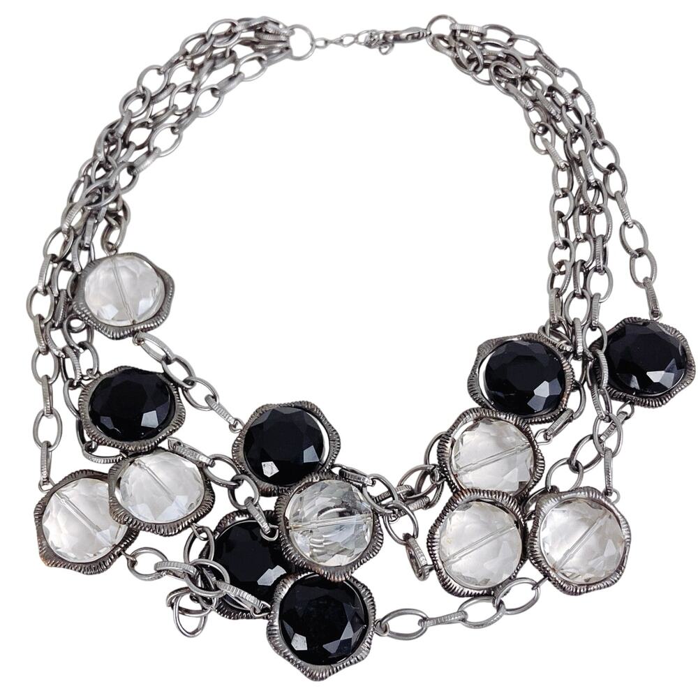 VTG Y2K Statement Bib Choker Necklace Black and Clear Glass Stones 17", EUC